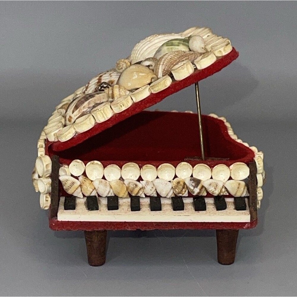 Vtg Seashell Baby Grand Piano Trinket Box Jewelry Coastal Nautical Beach